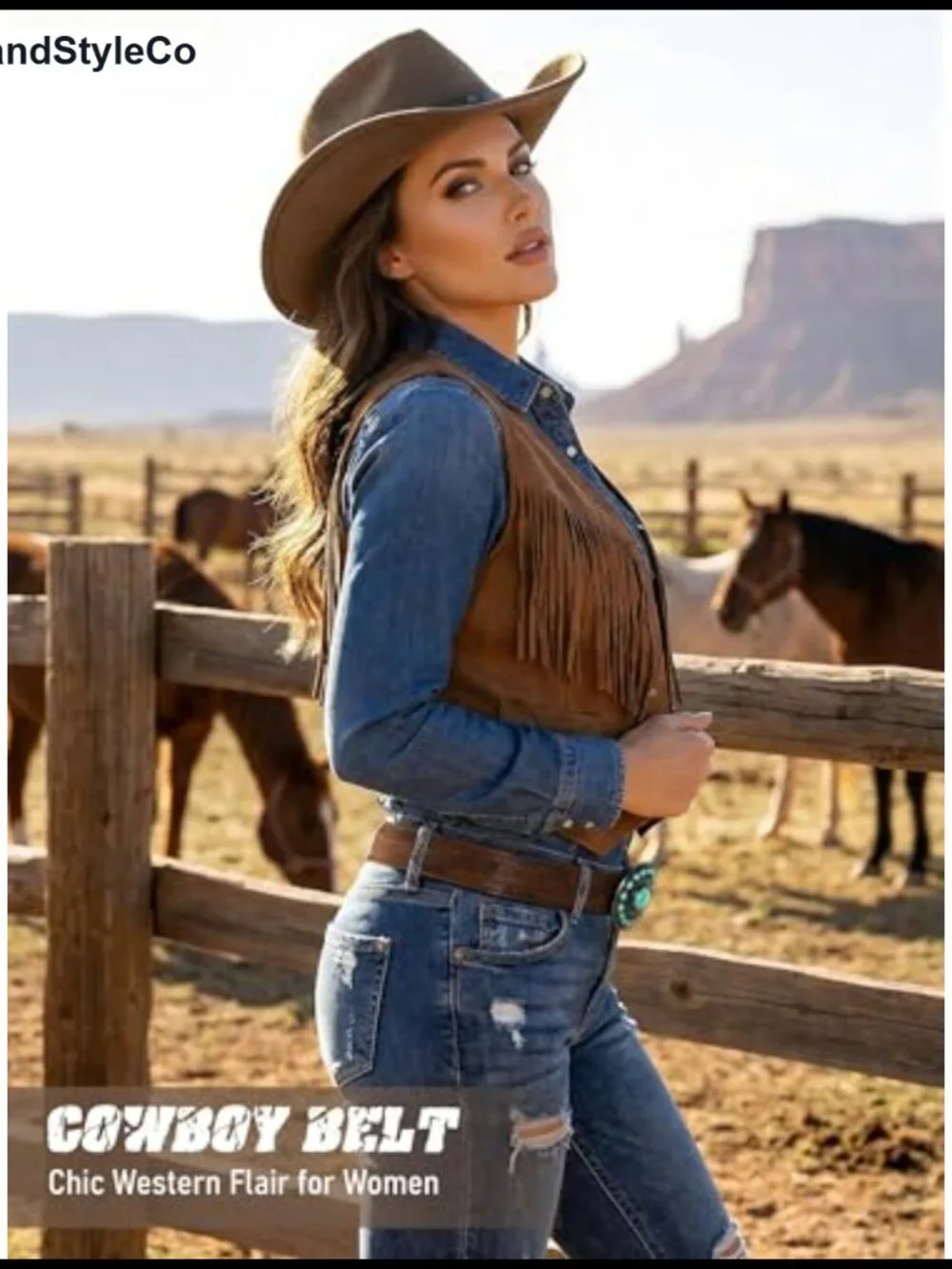 Cowboy Belt Set with Removable Mustang & Turquoise Buckles PU Leather